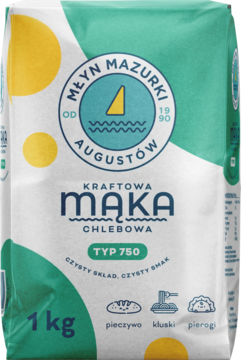 Mąka chlebowa Młyn Mazurki Typ 750, 1 kg, biała torebka z zielonymi falami, żółtymi kropkami i logo młyna.