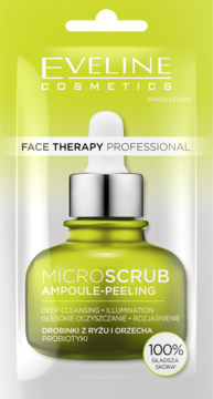 Jasnozielona saszetka Eveline Microscrub Ampoule-Peeling, peeling drobnoziarnisty z ryżem i orzechem, widok z przodu.