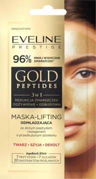 Eveline Prestige Gold Peptides 3w1 odmładzająca maska-lifting, złota saszetka z twarzą kobiety z maską.