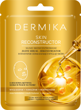 DERMIKA SKIN RECONSTRUCTOR złota maska w płacie z odmładzającym serum. Złote opakowanie, widok z przodu z kroplą eliksiru.