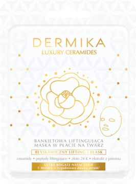 Maska Dermika Luxury Ceramides, biała saszetka ze złotym kwiatem, liftingująca maska bankietowa na twarz, widok z przodu.