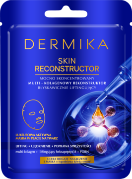 Dermika Skin Reconstructor, liftingująca maska w płacie, ciemnoniebieskie opakowanie ze złotym logo i serum.