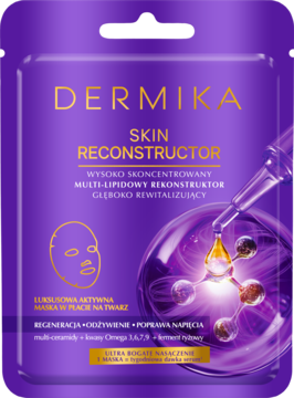 Dermika Skin Reconstructor, luksusowa maska w płacie, fioletowa z lipidami i grafiką kropli, widok z przodu.