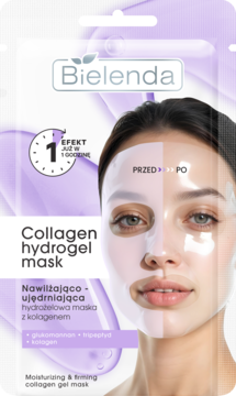 Bielenda Collagen Hydrogel Mask w fioletowej saszetce z grafiką przed/po, nawilżająca i ujędrniająca.