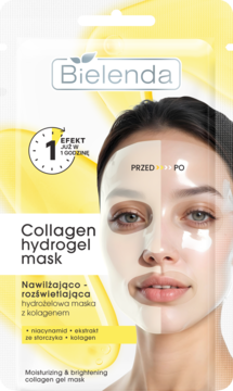 Bielenda Collagen Hydrogel Mask, nawilżająco-rozświetlająca maska z kolagenem, na opakowaniu kobieta przed/po.