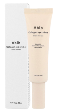 Krem pod oczy Abib Collagen Jericho Rose Tube, beżowa tubka i białe pudełko, widok z przodu.