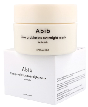 Abib Rice probiotics overnight mask barrier jelly w beżowym słoiczku i białym pudełku, widok z przodu.