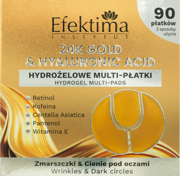 Złote opakowanie Efektima 24K Gold & Hyaluronic Acid multi-płatków (90 sztuk) na zmarszczki i cienie, widok z przodu.