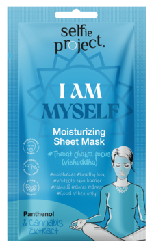 Niebieska maska w płachcie Selfie Project I Am Myself z pantenolem i konopiami, fokus na czakrę gardła.