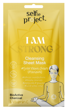 Żółta maska Selfie Project I AM STRONG Cleansing Sheet Mask z węglem i witaminą C, motyw splotu słonecznego.