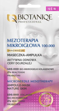 Biotaniqe Mezoterapia Mikroigłowa Maseczka-ampułka dla cery dojrzałej, białe opakowanie, fioletowy spód, widok z przodu.