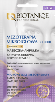 Biotaniqe Microneedle Mesotherapy Ampoule-Mask Mature Skin, kolagen, probiotyki, białe opakowanie front.