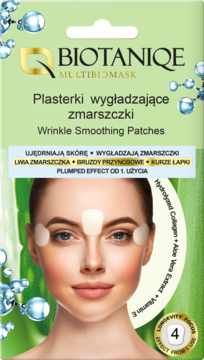 Biotaniqe Multibiomask: zielone opakowanie plastrów wygładzających zmarszczki. Kobieta z nalepionymi plastrami na czoło i pod oczy.
