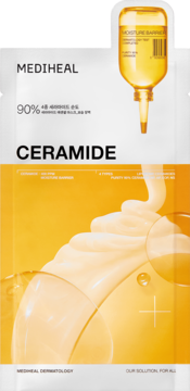 Mediheal Ceramide maska w płachcie, biała saszetka z żółtym serum i kroplomierzem, widok z przodu.
