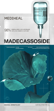 Mediheal Madecassoside Blemish Repair maska w płachcie, biało-niebieska z liściem Centella Asiatica, butelką serum.