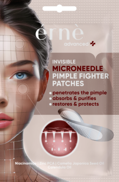 Erne Advanced Invisible Microneedle plastry na pryszcze, różowe opakowanie z twarzą i składnikami.