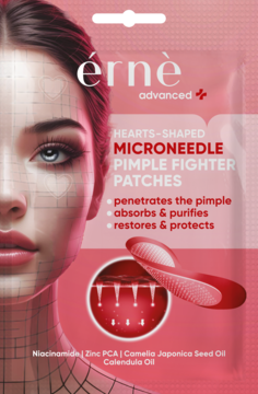 Różowe opakowanie érné Advanced Microneedle Pimple Fighter Patches w kształcie serc, z grafiką twarzy, widok z przodu.