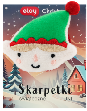 Opakowanie skarpetek świątecznych Eloy UNI, z pluszowym elfem w zielonej czapce, na tle zimowego krajobrazu.