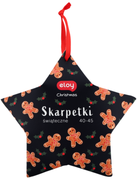 Skarpetki świąteczne Eloy, czarne opakowanie w kształcie gwiazdy, wzór piernikowych ludzików, rozmiar 40-45.