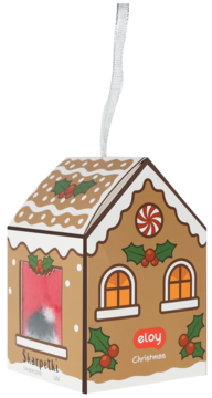 Skarpety eloy Christmas w pudełku jak brązowy piernikowy domek, biały lukier, ostrokrzew i okienka. Widok przód.