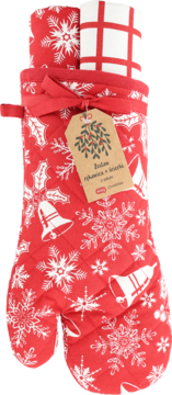 Zestaw świąteczny: czerwona rękawica kuchenna i 2 ścierki w białe śnieżynki i kratkę.
