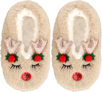 Świąteczne kapcie renifery, puszyste, beżowe, z czerwonym nosem, zielonymi listkami i brokatowymi rogami, widok z góry.