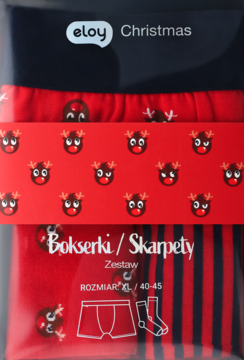 Zestaw świąteczny Eloy: bokserki XL czerwone w renifery i skarpety 40-45 w paski, w przezroczystym opakowaniu.