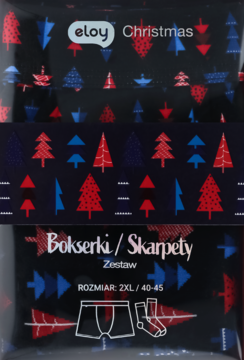 Zestaw męskich bokserek i skarpet Eloy Christmas w ciemnym opakowaniu z czerwono-niebieskimi choinkami, rozmiar 2XL.