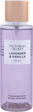 Victoria's Secret Lavender & Vanilla Relax Fragrance Mist 250ml w fioletowej butelce ze złotym korkiem, widok z przodu.