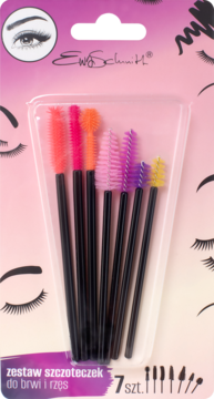Ewa Schmitt BROW&EYELASH zestaw 7 kolorowych szczoteczek silikonowych do brwi i rzęs w blistrze, widok z przodu.