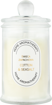 Widok frontalny świecy zapachowej Home Aromatherapy Cotton & Seasalt w szklanym słoju z białym woskiem i wieczkiem.
