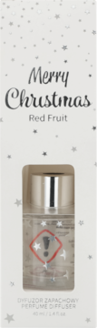 Merry Christmas Red Fruit perfume diffuser 40ml in star-patterned white box, clear bottle, front view.