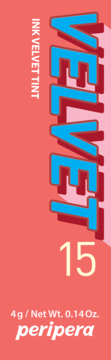 Peripera Ink Velvet Tint, odcień 15, przód opakowania, koralowe tło z napisem VELVET i peripera.