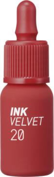 Peripera Ink Velvet 20 Lip Tint Classy Plum Rose. Czerwona butelka z pipetą, widok z przodu, biały napis.
