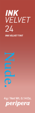 Peripera Ink Velvet Tint 24 Nude, pionowy czerwono-brązowy kartonik z białym i niebieskim napisem.