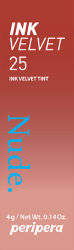 Peripera Ink Velvet Tint 25 Nude, opakowanie w kolorze ceglastym z białym napisem i turkusowym 'Nude'.