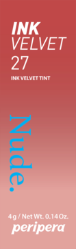 Peripera Ink Velvet Tint 27 Nude w czerwono-różowym opakowaniu, z białym i niebieskim napisem, widok z przodu.