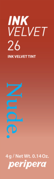 Opakowanie Peripera Ink Velvet Lip Tint 26 Nude, brązowo-czerwone, z białym i niebieskim napisem, widok z przodu.