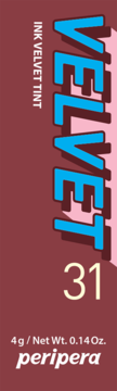 Ciemnobrązowe opakowanie Peripera Ink Velvet Tint #31, z pionowym, niebieskim napisem VELVET.