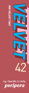 Opakowanie Peripera Ink Velvet Tint do ust, odcień 42, czerwono-brązowe, z niebieskim napisem VELVET.