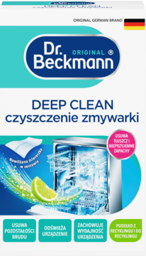 Dr. Beckmann Deep Clean czyszczenie zmywarki, usuwa tłuszcz i zapachy, biało-niebieskie pudełko, widok z przodu.