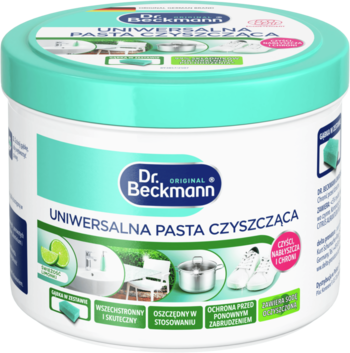 Dr. Beckmann Uniwersalna Pasta Czyszcząca w białym, okrągłym pojemniku z turkusową pokrywką i gąbką.