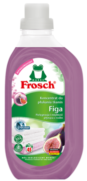 Hipoalergiczny Frosch płyn do płukania Figa, fioletowa butelka, 45 prań, zielona etykieta, widok z przodu.