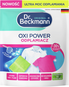 Dr. Beckmann OXI POWER ODPLAMIACZ, białe opakowanie z niebiesko-różowym logo. Pokazuje usuwanie plam z ubrań.