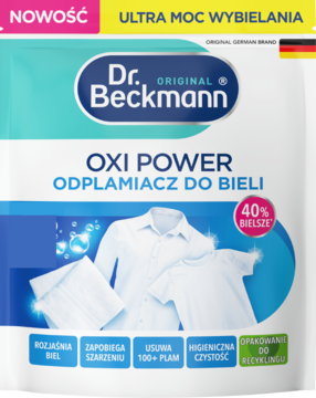 Dr. Beckmann Oxi Power Odplamiacz do Bieli, biało-niebieskie opakowanie, widok z przodu, usuwa plamy i przywraca biel.
