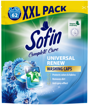 Niebiesko-zielone opakowanie Sofin Universal Renew 62 kapsułek do prania jasnych i białych tkanin, z napisem XXL PACK.
