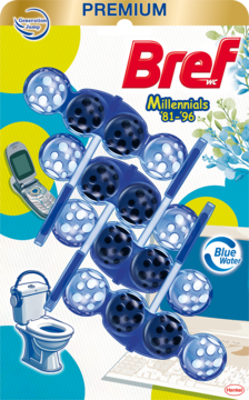 BREF Premium Millennials '81-'96,zawieszka do WC, Blue Water,przód