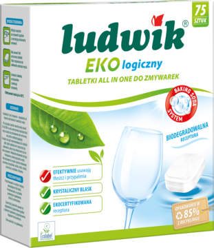 Ludwik EKO logiczny tabletki do zmywarki all in one w biało-zielonym opakowaniu z listkiem, widok z przodu.