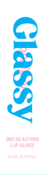 Peripera Ink Glasting Lip Gloss, białe opakowanie z pionowym napisem "Glassy" i różową nazwą produktu poniżej.