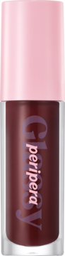 Peripera Ink Glasting Lip Gloss, ciemnobordowy, w przezroczystej butelce z różową nakrętką, napis 'peripera Glossy'.